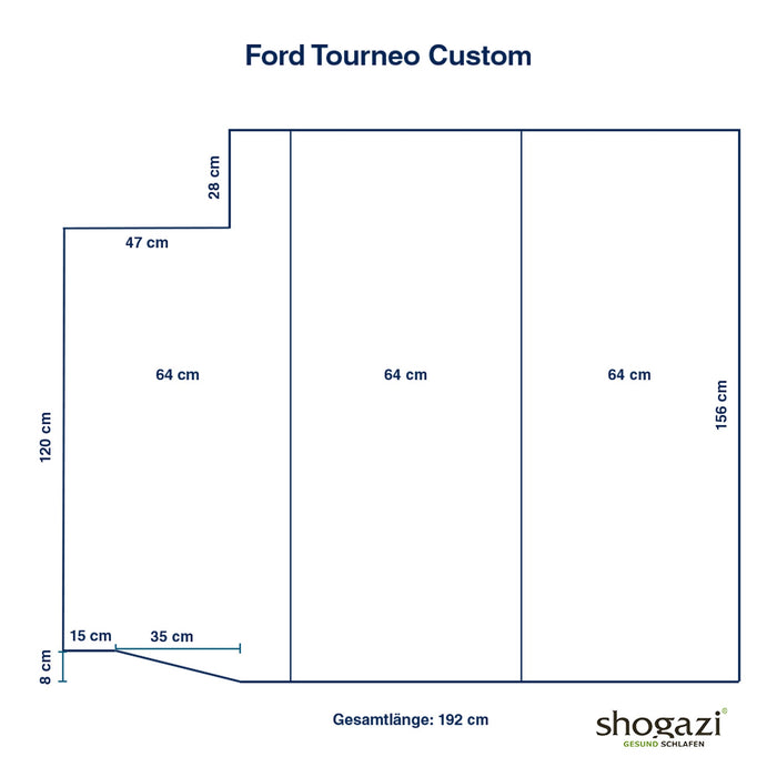 Maßzeichnung der shogazi Matratze für den Ford Tourneo Custom mit detaillierten Längen- und Breitenangaben in Zentimetern; Gesamtmaß 192 cm Länge.