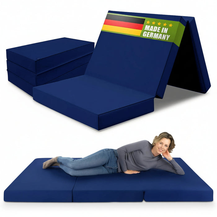 shogazi® Klappmatratze 140x200 marineblau, aufgeklappt und gefaltet #typ=foto;farbe=marineblau;bucket=gross;pos=1