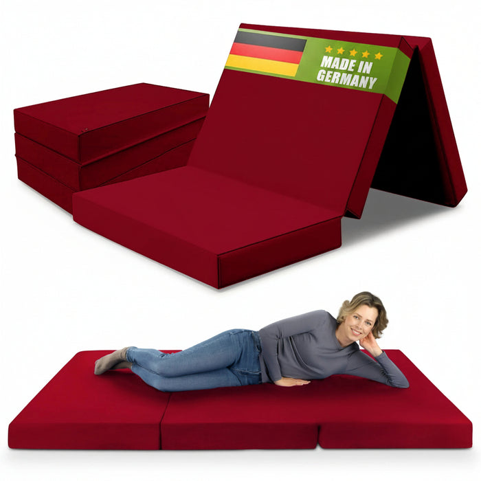 shogazi® Klappmatratze 140x200 weinrot, aufgeklappt und gefaltet #typ=foto;farbe=weinrot;bucket=gross;pos=1