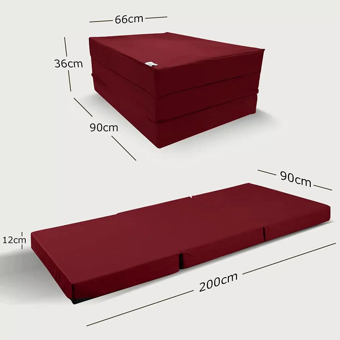 Maße der Faltmatratze 90x200 in Weinrot, Liegefläche 90 x 200 x 12 cm und Faltmaß 90 x 66 x 36 cm #typ=mass;farbe=weinrot;groesse=90x200;pos=7