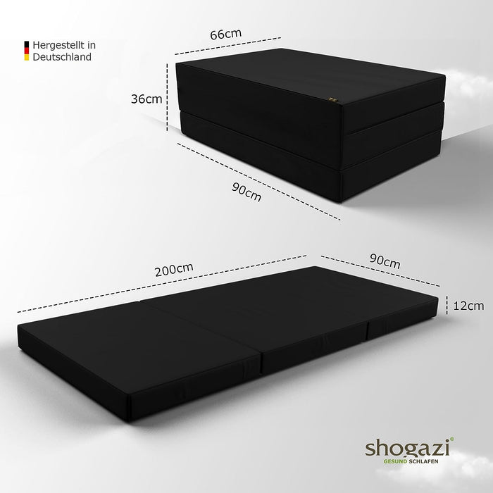 Maße der Faltmatratze 90x200 in Anthrazit, Liegefläche 90 x 200 x 12 cm und Faltmaß 90 x 66 x 36 cm #typ=mass;farbe=anthrazit;groesse=90x200;pos=7