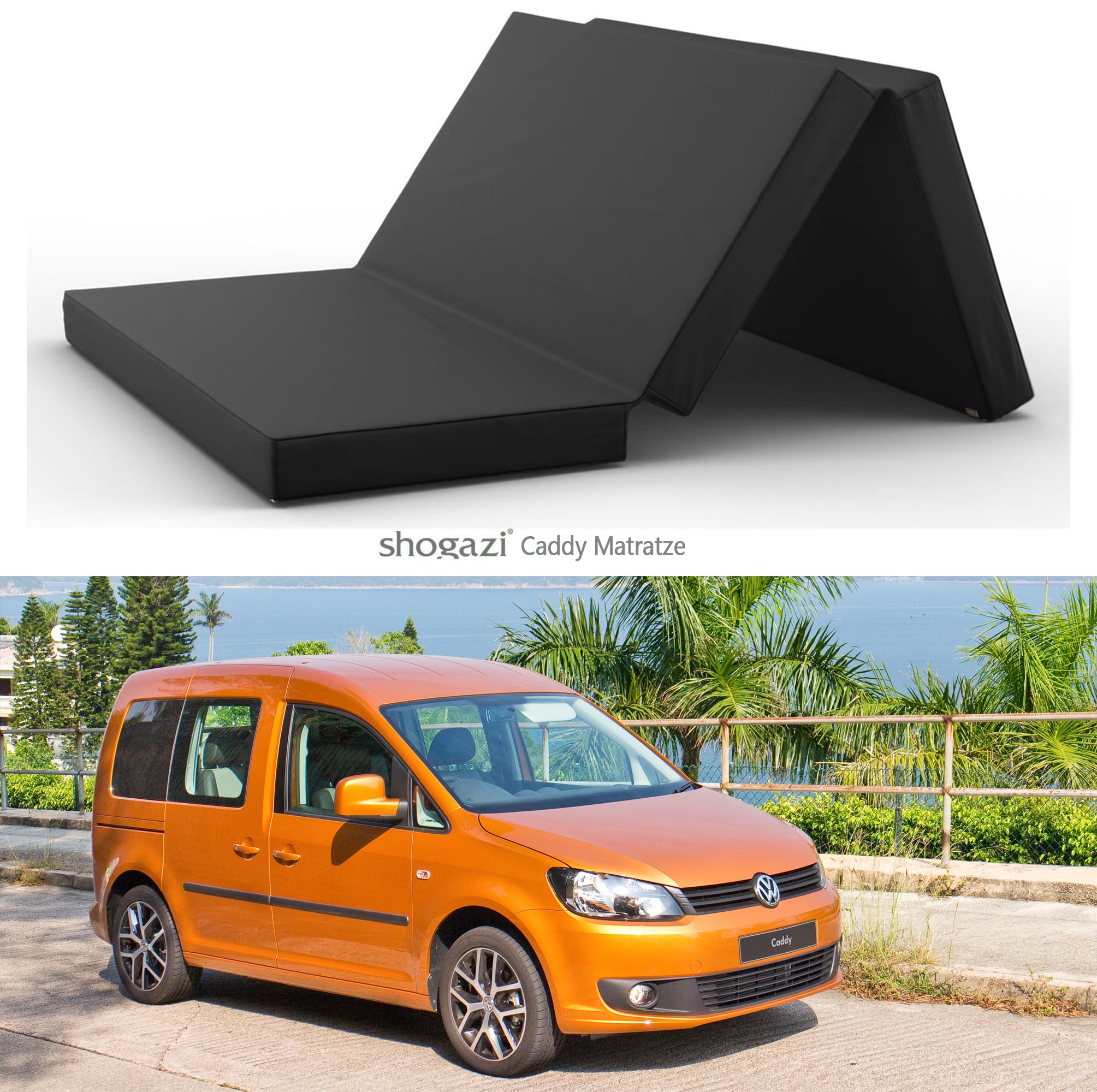 VW Caddy Matratze oberhalb eines orangefarbenen Caddys